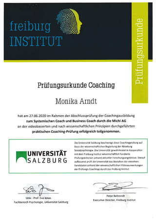 Prüfungsurkunde Coaching Freiburg Insitut