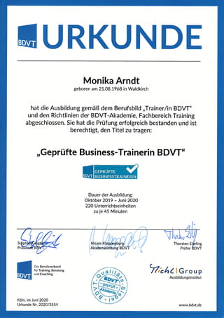 Urkunde geprüfte Business Trainerin BDVT