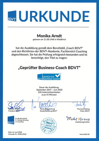 Urkunde geprüfter Business Coach BDVT