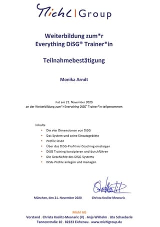 Bescheinigung Weiterbildung zur Everything DiSG Trainerin - Michl Group